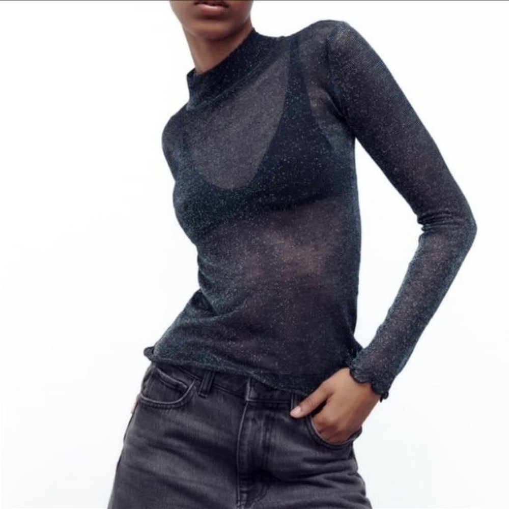 ZARA SEMI SHEER TOP NAVY SPARKLES LARGE